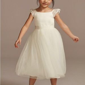 David’s bridal crochet cap sleeve ruffle flower girl dress ivory STYLE# OP265